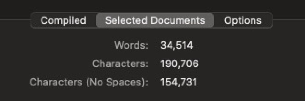 Screenshot of a word count from scrivener saying 34,514 words written 