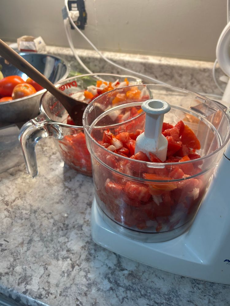 Chopped up tomatoes in a food processor 