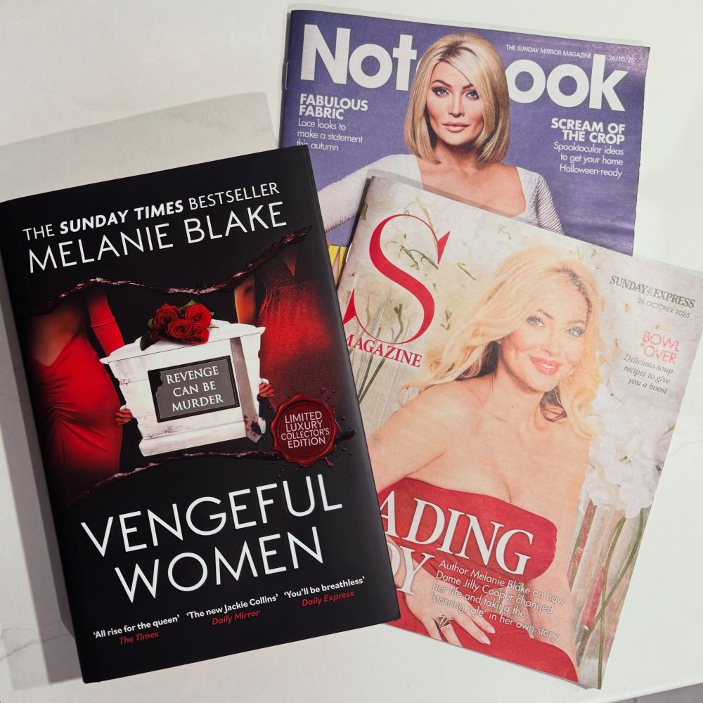 Vengeful Women hardback book and Melanie Blake on the covers of The Daily Mirror newspaper’s Notebook Magazine and The Sunday Express’s S Magazine