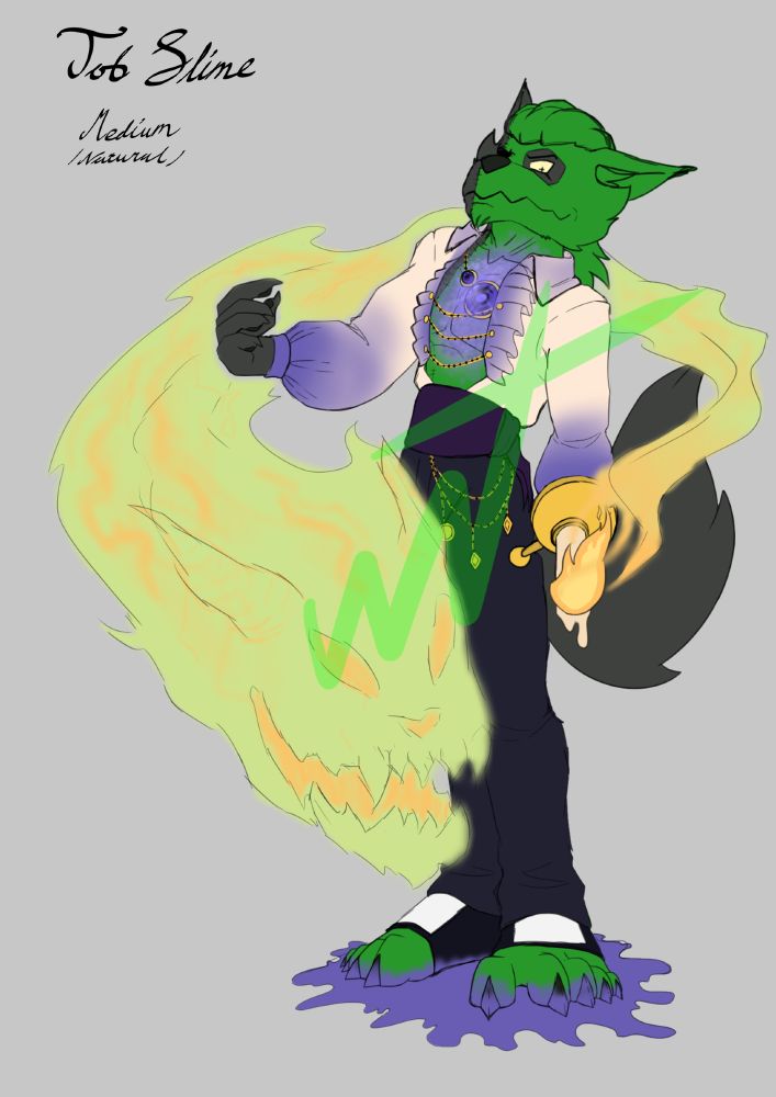 My frankemwolf sona in a classic medium style outfit with open flowy shirt with puffy sleeves and simple trousers. A spirit encircling them coming from the candle in his hand
