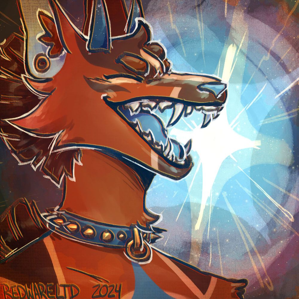 A bust icon of an anthropomorphic brown canine with tall blue horns and a blue star shape on his chest. He is grinning with his mouth open and eyes closed. There are golden gauges in his ears and he is wearing a blue collar with golden spikes. The background is a painted circular gradient of red to blue with a white star between the canine's teeth.