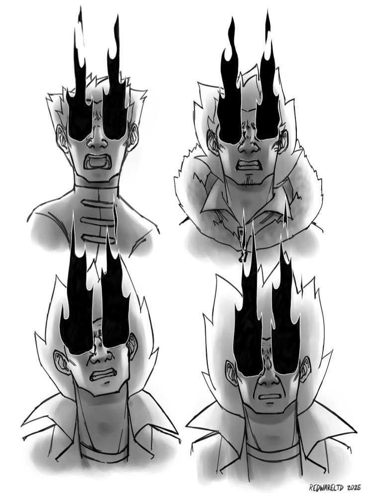 four black and white busts of a man with black fire bursting from his eyes. in each portrait, he is slightly older, as evidenced by his hair growing longer and wrinkles forming in his face. he also looks less frightened in each subsequent bust.