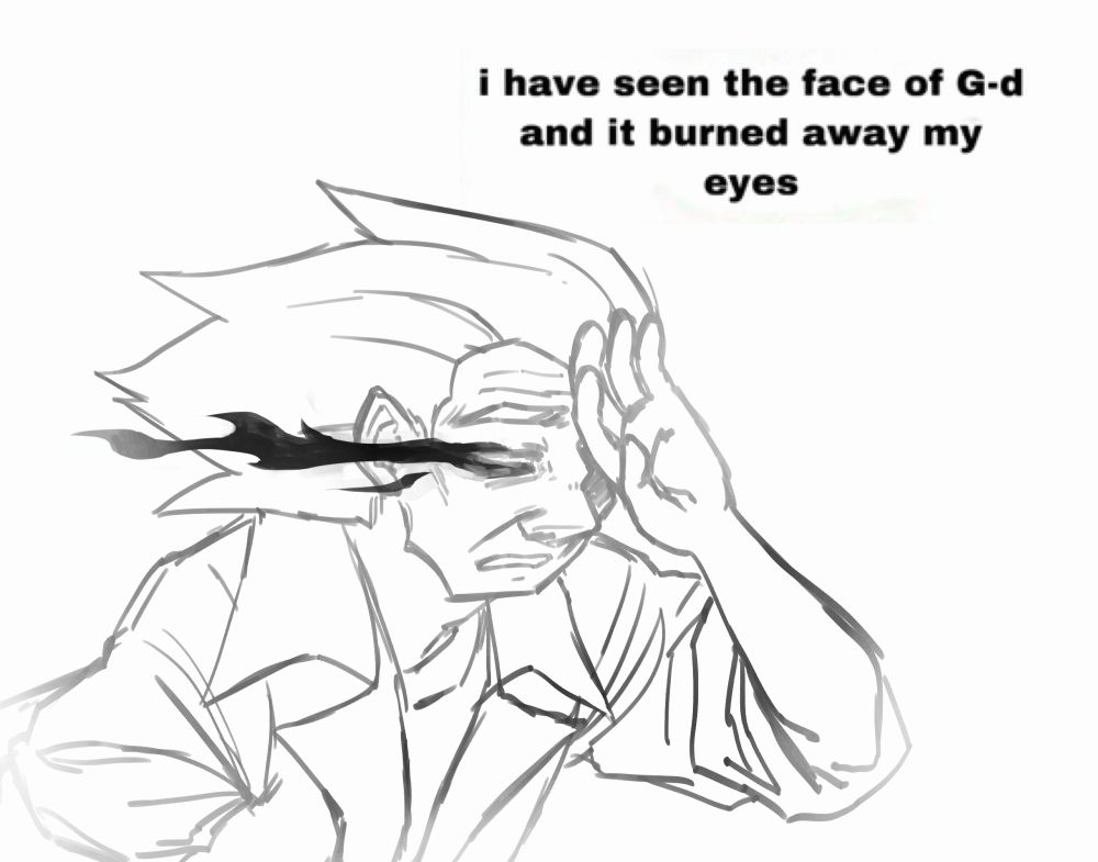 A closer view of the man from the first image, now covering one eye with a hand. His visible eye is white and has black flames being blown back from it. There is text at the top that reads, "I have seen the face of God and it burned away my eyes." This gif also shudders at one second intervals.