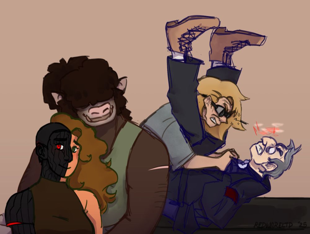 A meme redraw of four people. The two on the left, in the foreground, are smiling at the viewer, the taller with her arms around the other woman. Behind them, two older men are bickering, with one having pinned the other against a table with his legs pushed up to his chest.