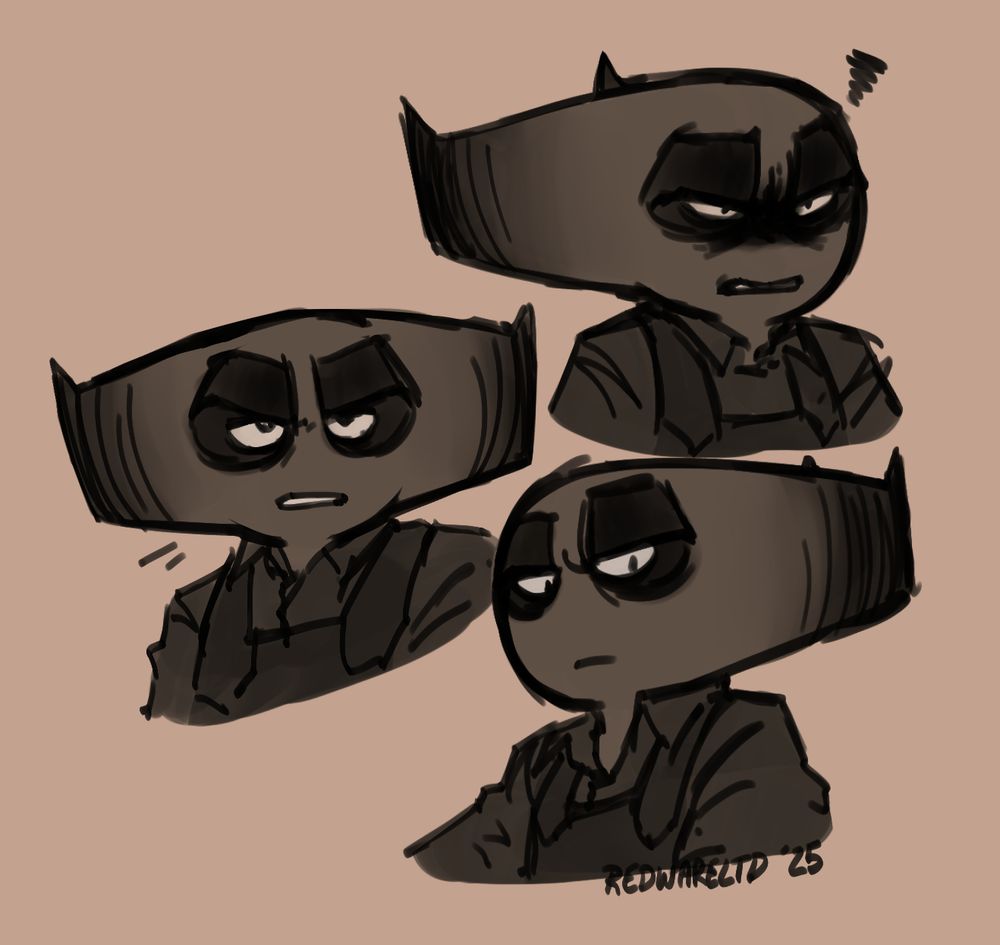 Three shoulders-up sketches of a man scowling. 