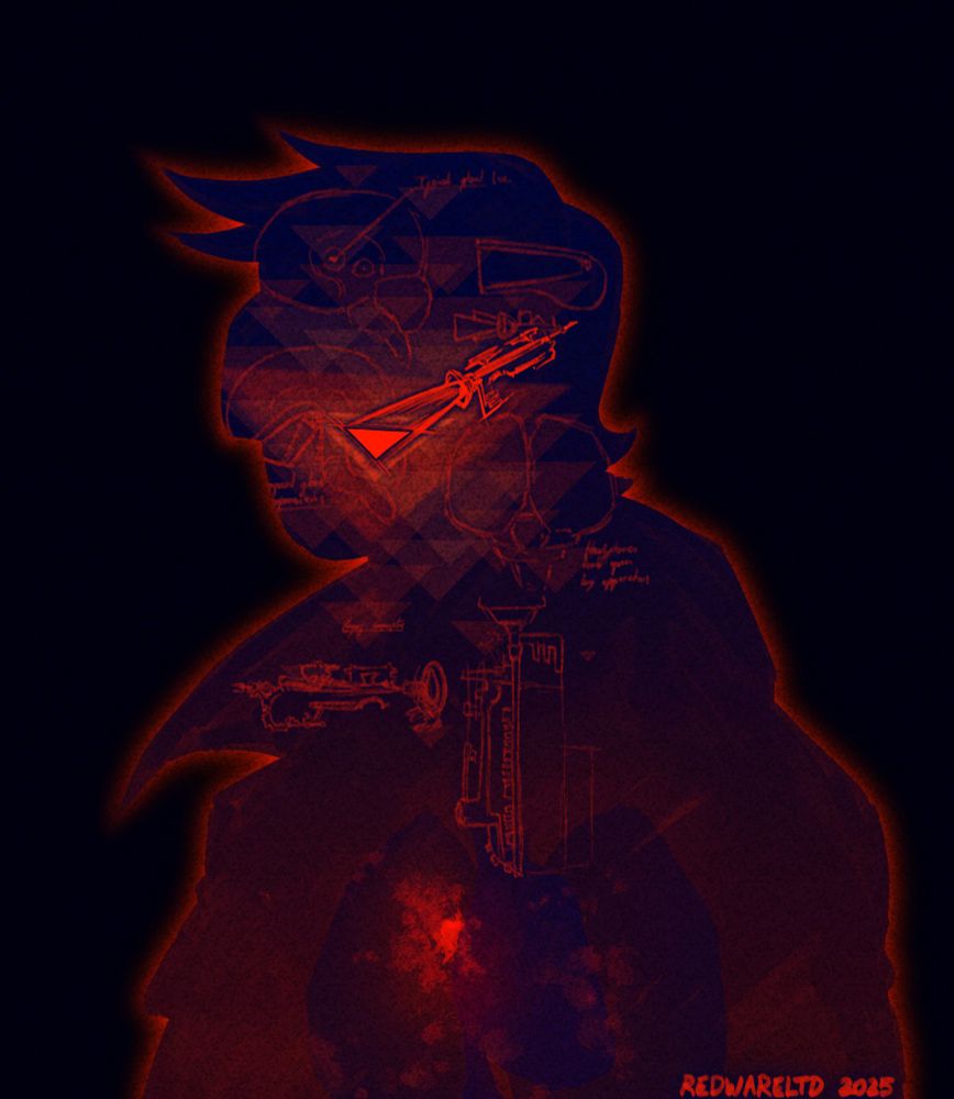 A silhouette of a man with a large nose, facing to the viewer's left. There are sketched red diagrams superimposed over his head, the labels indecipherable. At the center of his head is a red triangle with a strange device extending behind it. Many more truangles are superimposed faintly around the central one in a sporadic pattern. In the man's chest, the placement of his lungs and heart are silhouetted as well, with a glowing red mark tucked in beside his heart.