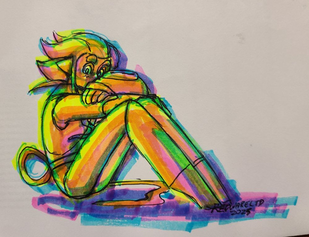 A drawing of a person sitting with their arms crossed against raised knees. The drawing is colored with multicolored highlighters, creating a vibrant rainbow with the shading.
