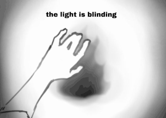 A view from the man's perspective, the back of his hand partially obscuring what appears to be a large black bonfire in the distance. The fire is blurry and hard to make out. The text at the top reads, "The light is blinding." The image shudders at one second intervals, and the edges of the image have black fading in and out.