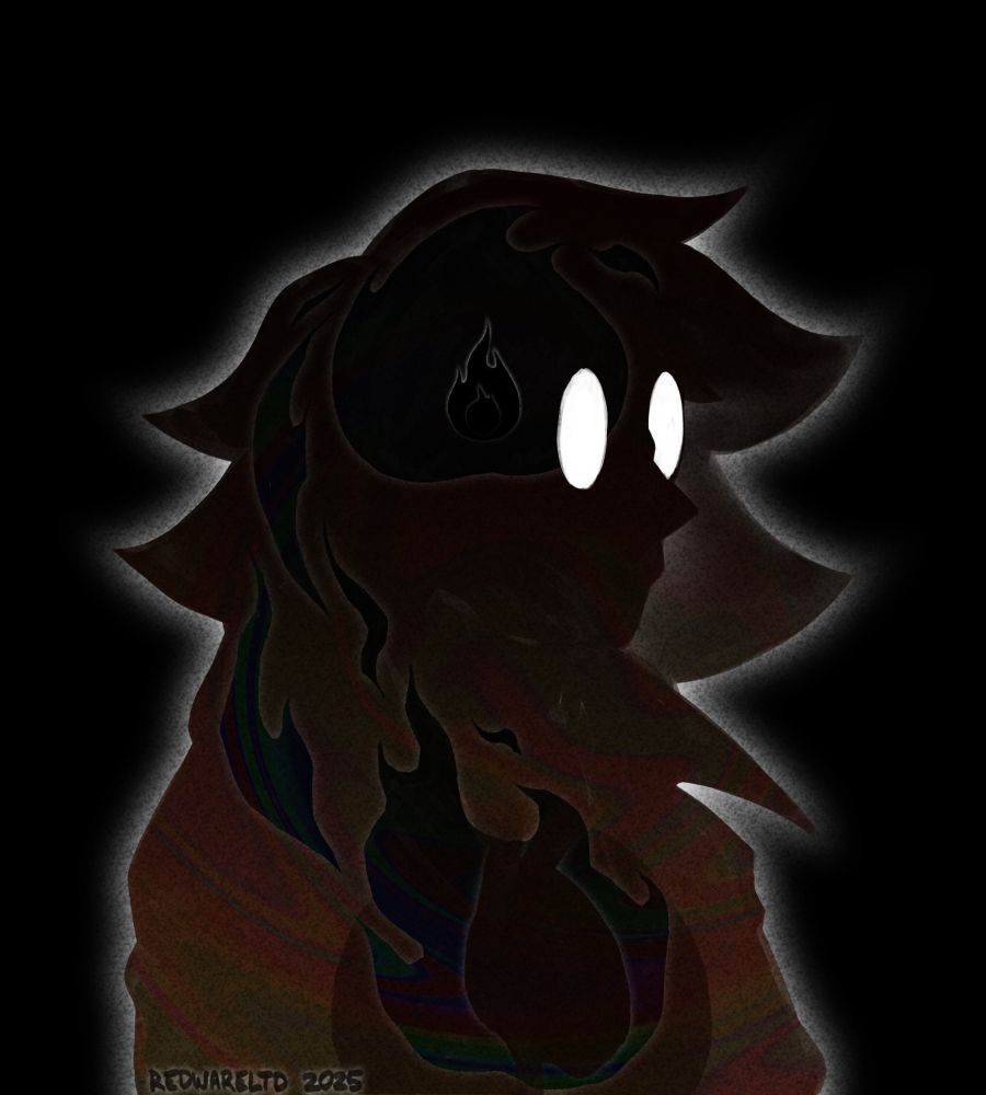 A silhouette of a man with long, fluffy hair, facing the viewer's right. The implied lenses of goggles are stark white against the darkness of his face. In his chest, the placement of his lungs and heart are also in silhouette, his heart wreathed in black flame that swirls up towards his head, where it meets with another flame implying the shape of a brain. At the center of his head sits a smaller black flame outlined in white. Superimposed over the entire silhouette is a faint swirly rainbow pattern, implying the sheen of oil.