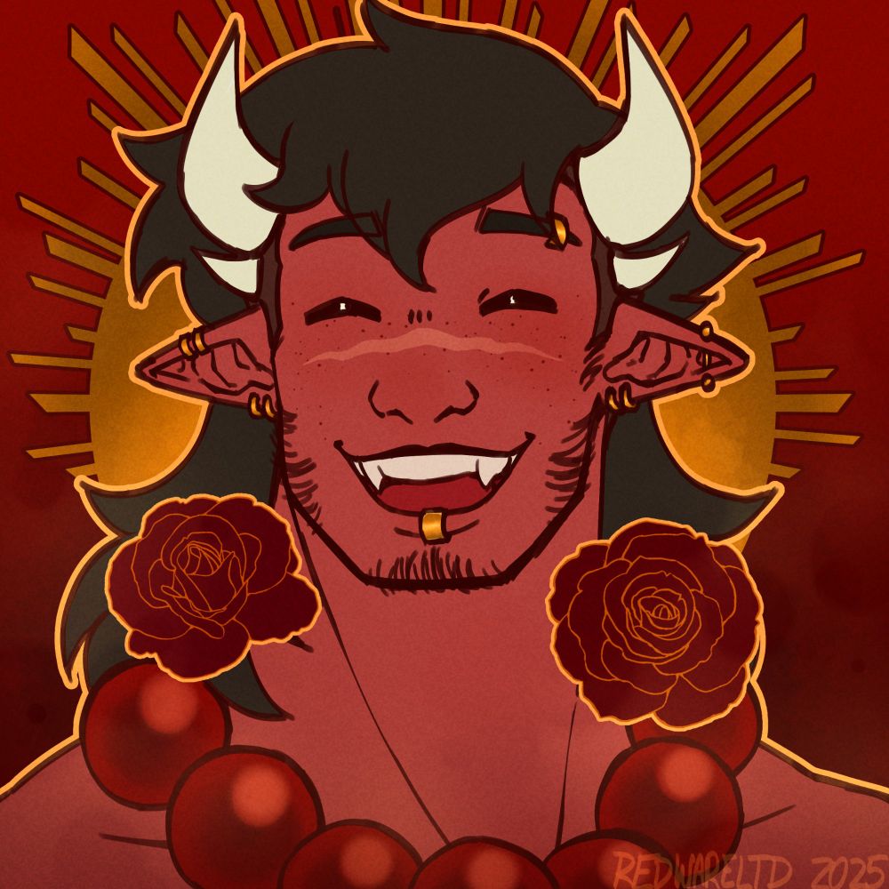 A bust of a Tiefling character with red skin and four small white horns. He is smiling jovially towards the viewer with his eyes closed.
