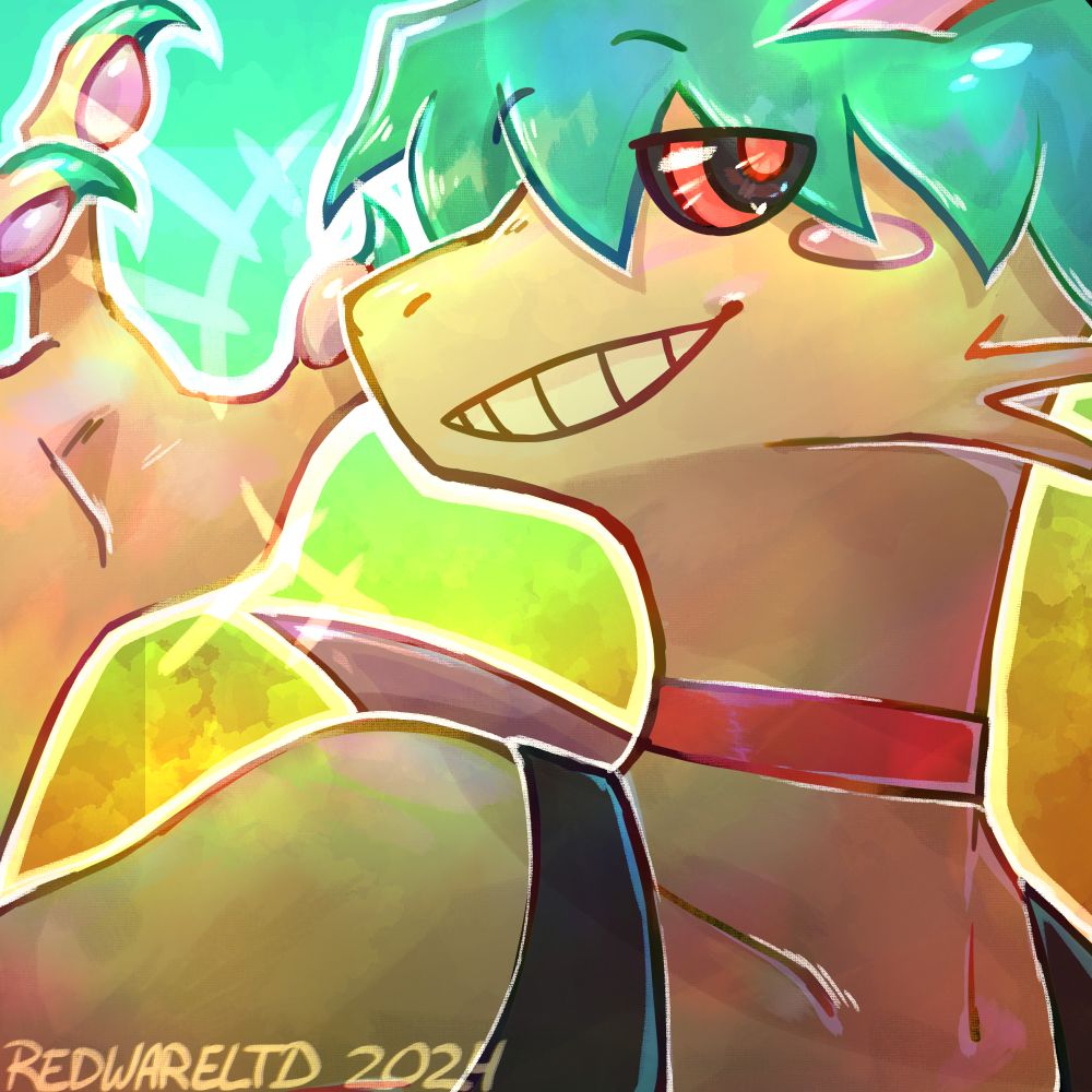 A bust icon of an anthropomorphic bug-like creature with pale yellow skin and shiny, short green hair. They have one hand raised near their head with only three digits, each with a pink paw pad and green claw. The subject has pink horns on their head and a pink spike on their back, and are wearing a black tank top and red choker. They are looking to the viewer's right with a black and red striped eye, and are smiling. The background is a painted gradient from deep orange to bright teal.