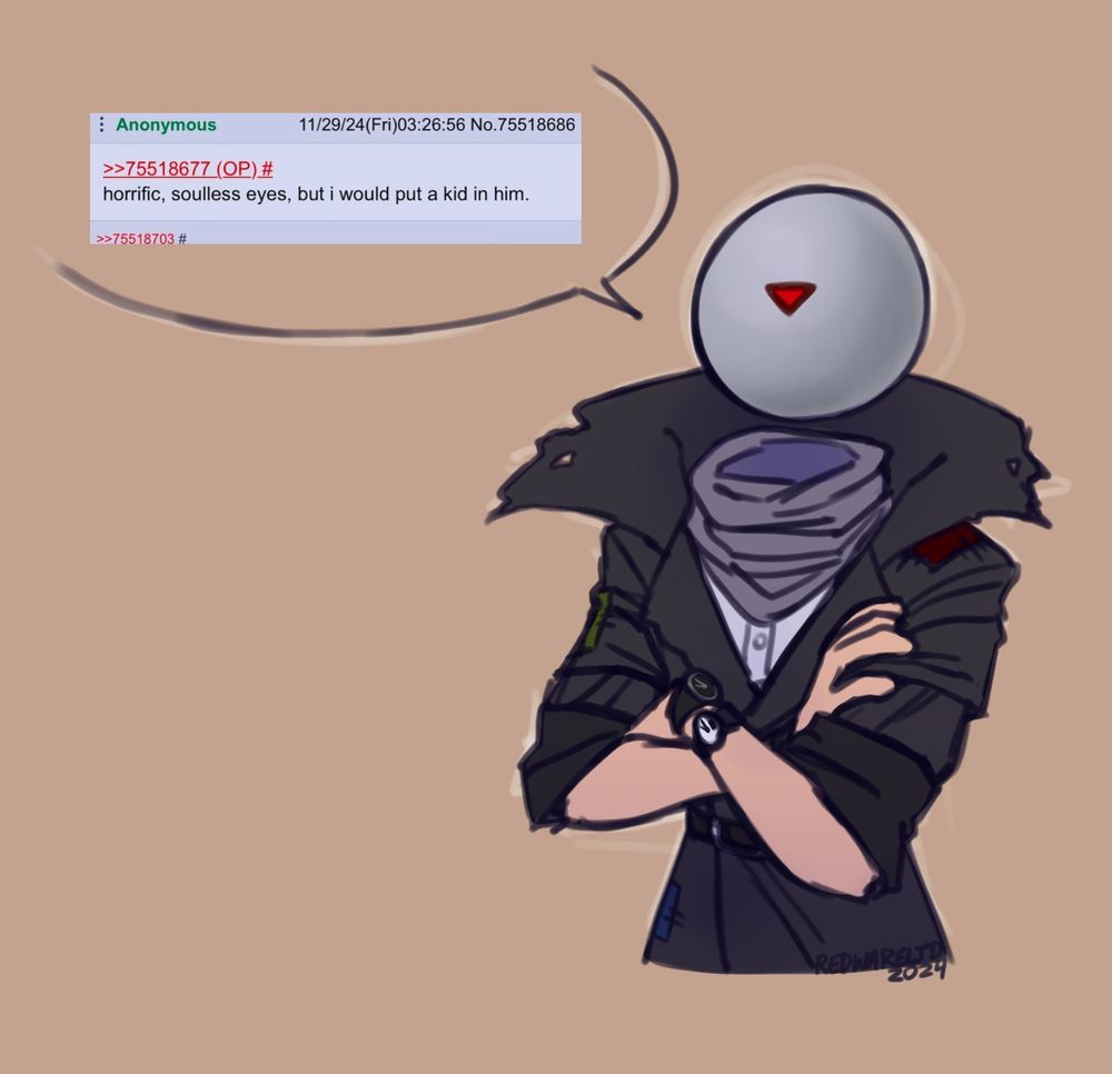 A drawing of a man in a black trench coat with a metal sphere in place of his head is standing with his arms crossed. There is a speech bubble coming from him which contains a screenshot of a 4chan reply reading "horrific, soulless eyes, but I would put a kid in him."