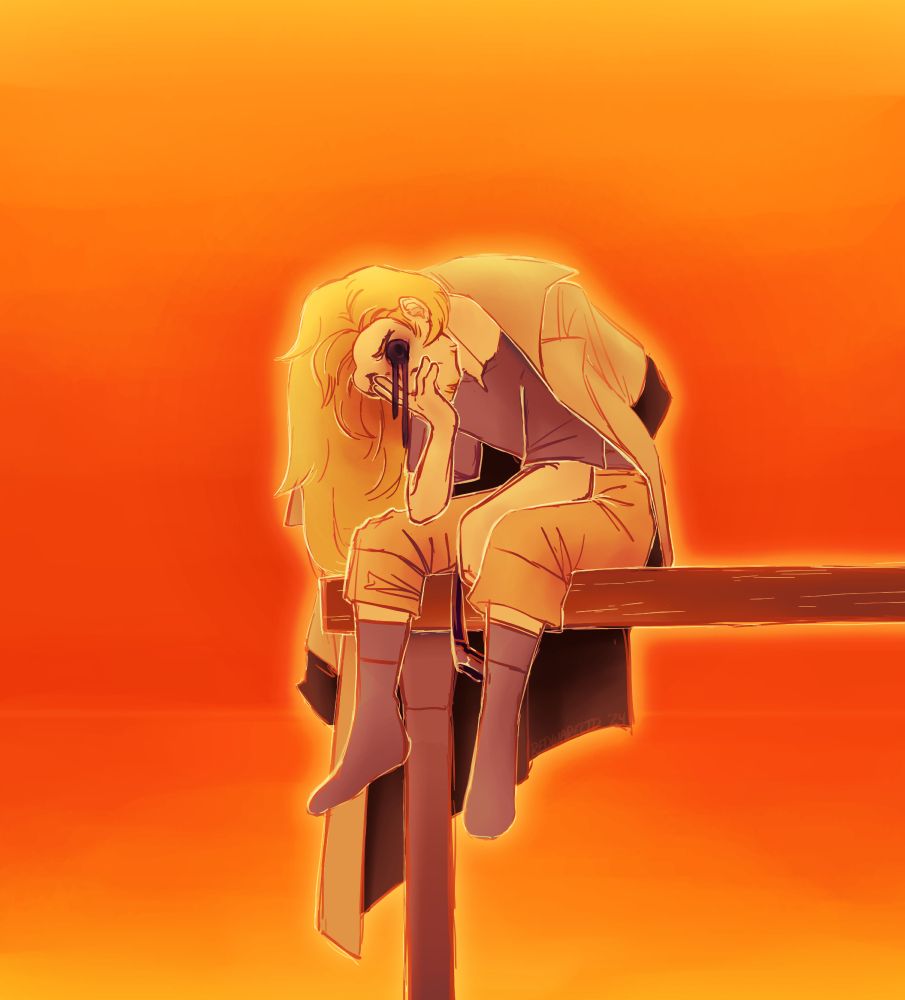 A painting of a man sitting on the edge of a dock. Behind him, the sky and sea are a very vibrant orange, and blend into each other. His head is low, resting on a hand which covers one eye. His visible eye is wide and black, and has black ooze dripping from it.