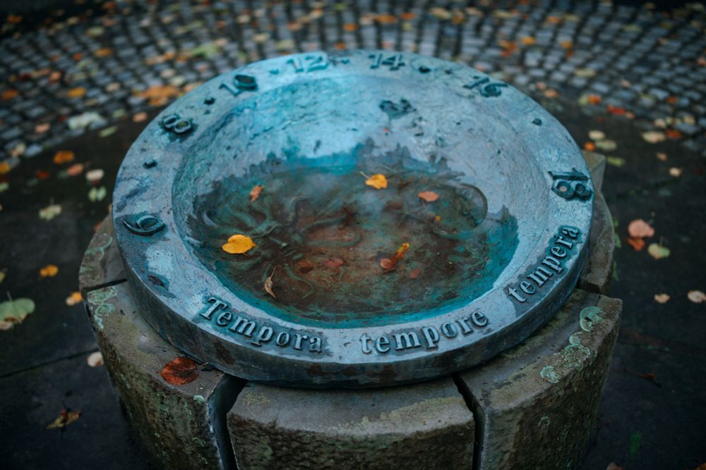 Odd ornament on a stone platform, it's turquoise, resembles a bowl, is holding rainwater. In the concave part, a relief of a lion's face, around the border, the even numbers from 6 to 18, the circle being completed by the words "tempora, tempore, tempera".