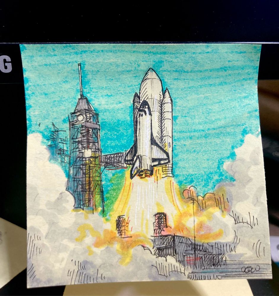 Space shuttle launching drawn with pen, gray alcohol markers, and highlighers 