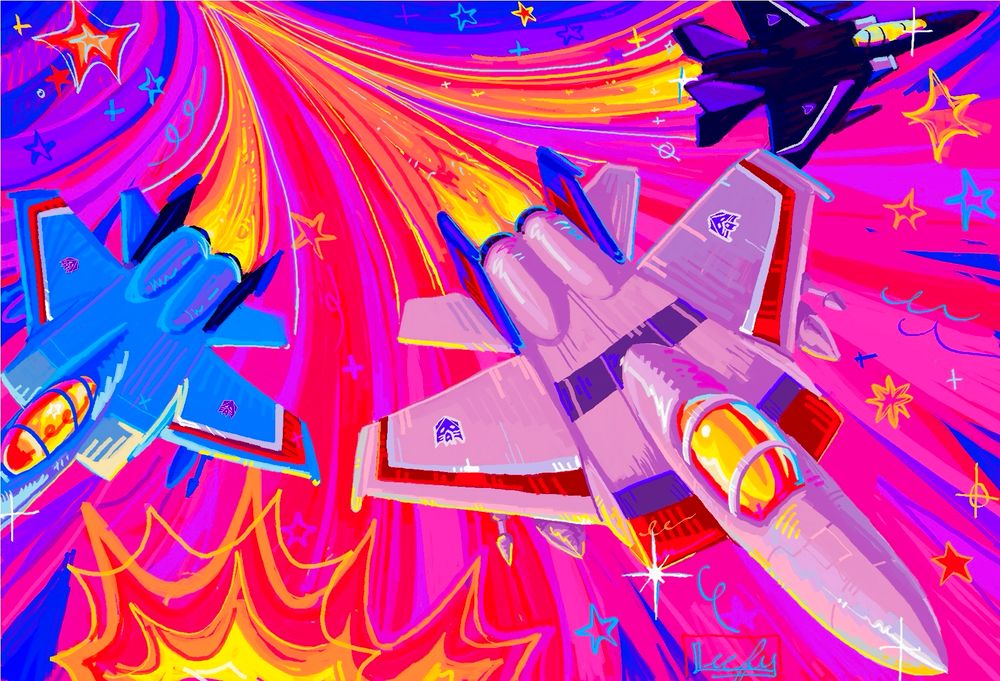 Vibrant art of Starscream, thundercracker, and skywarp in jet mode with a bright pink, purple, and blue background with stars