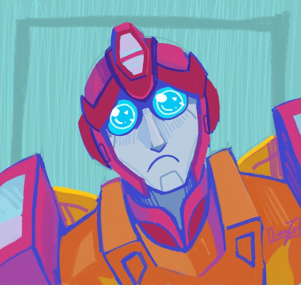 Transformers G1 Hot Rod with big pleading eyes looking towards the viewer.. blueish purple outline