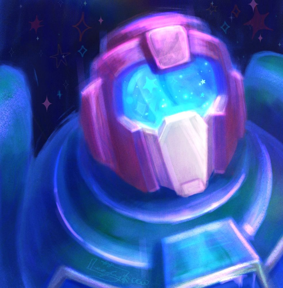 Transformers Cosmos with soft colors, gazing at the stars as they reflect on his visor