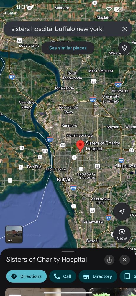 Map of Buffalo/Fort Erie border along Niagara River with Sisters of Charity Hospital highlighted.