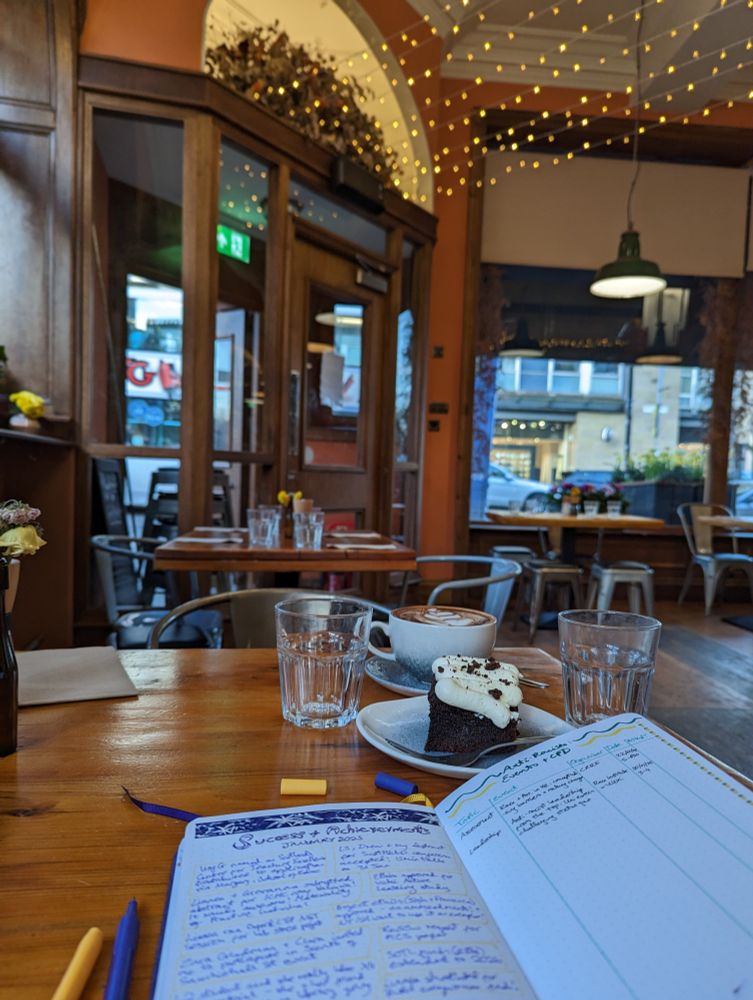 An open journal on a table in a coffee shop, with purple and yellow pens ready to take notes. There is chocolate cake and coffee on the table too, and the lights of the cafe are twinkling in yhe background.