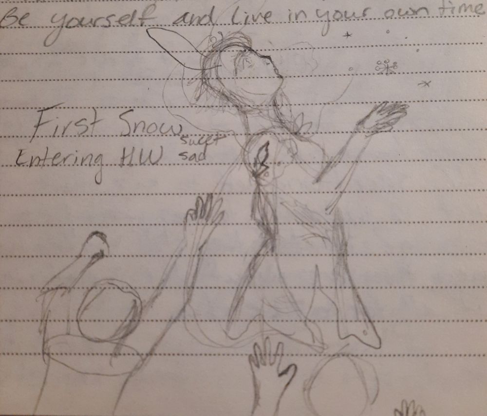 Drawing of a final fantasy 14 viera character. They are in a torn dress and cloak looking heavensward at falling snow. When you enter the first ff14 expansion it is a bittersweet moment the wonder of a new area tinged with sadness at leaving friends behind. Still an experimental piece