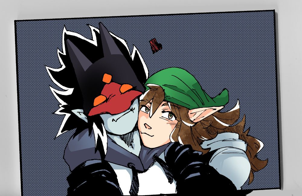 Cute couple picture of a masked demon and an elf, both very much gay for each other.