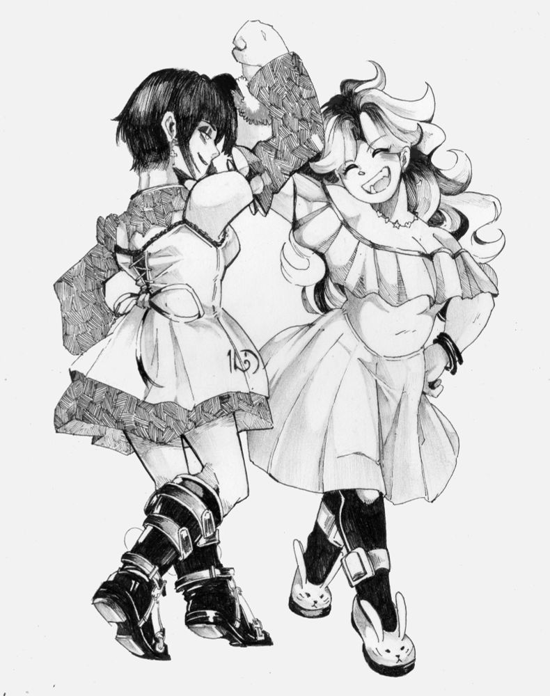 OC drawing of two sisters dancing, representing the stark contrast of their personalities with Nelliel leaning into a more emo, goth fashion and hard make up while Solara embracing the cute, moe side of life, bunny shoes and all!