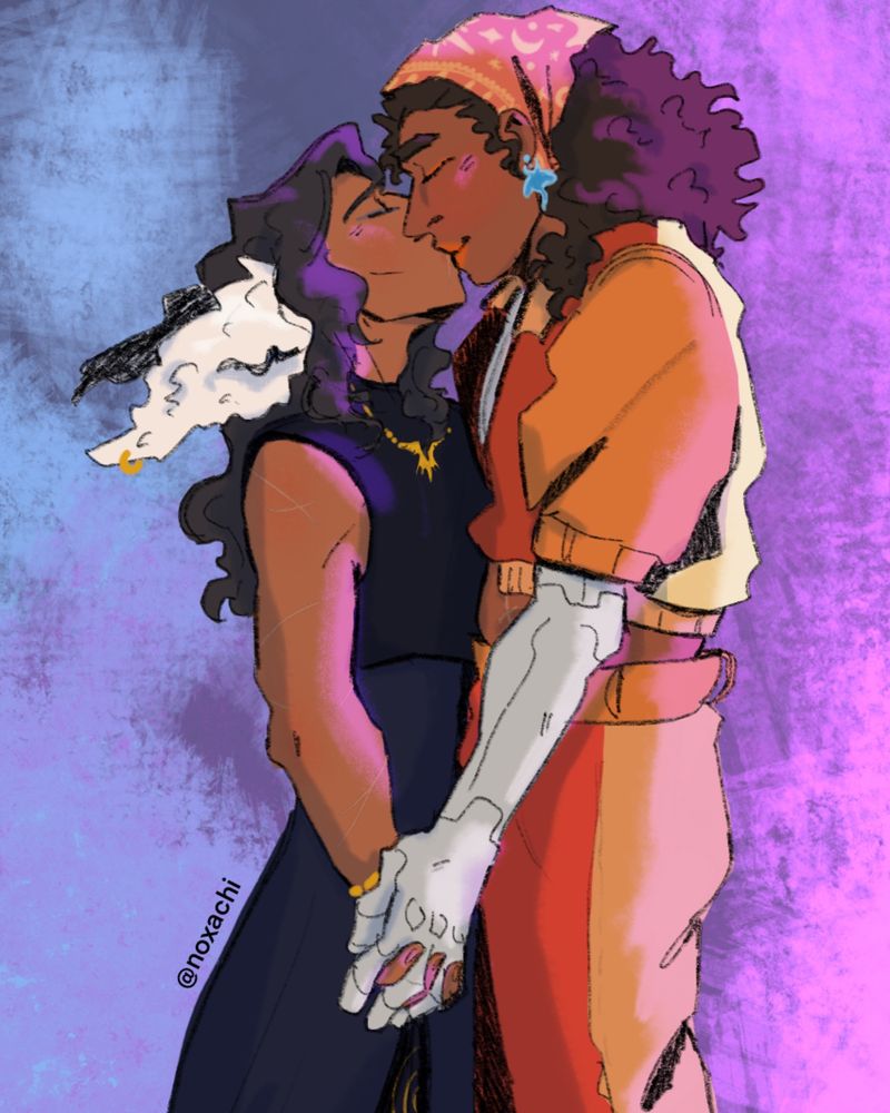 digital art piece of Ciel and Joulia holding hands and kissing