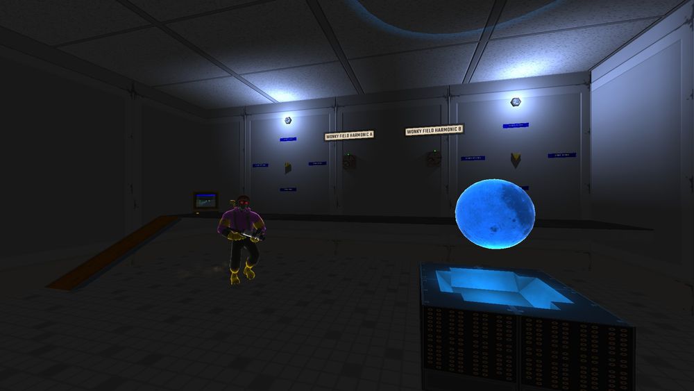 A floating blue moon orb awaits next to some strange machinery.
