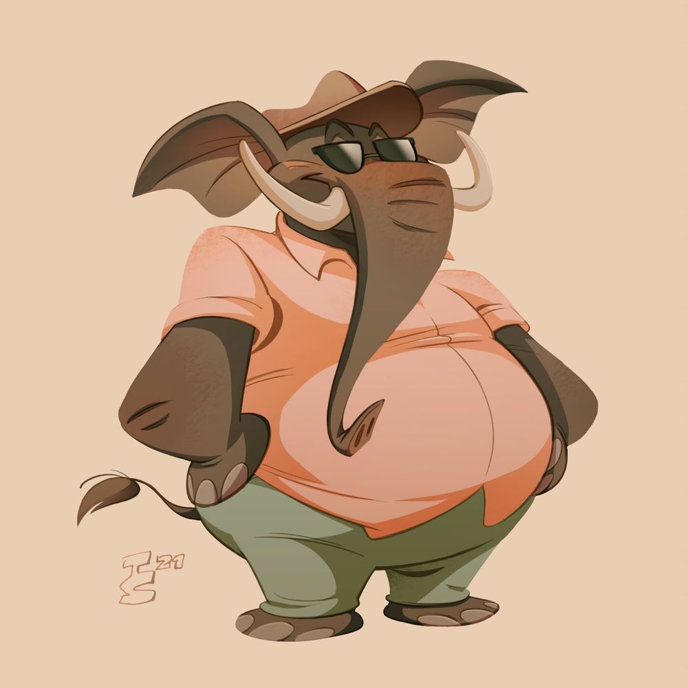 Digital drawing of an anthropomorphic elephant.  He is wearing a large pink shirt and sunglasses.  Drawn by the artist Pegi Bruno in 2001. 