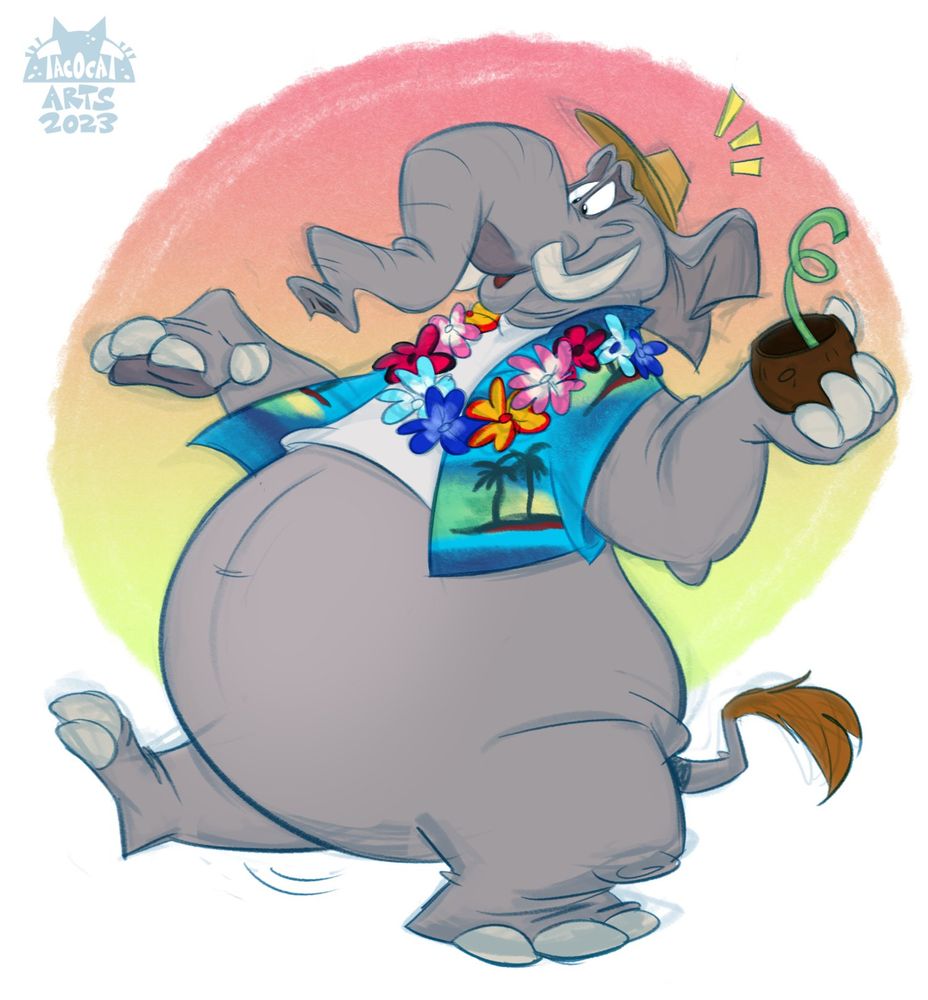 Digital drawing of an anthropomorphic elephant wearing a Hawaiian shirt with a Lei. Artwork drawn by TacoCat in 2023. 