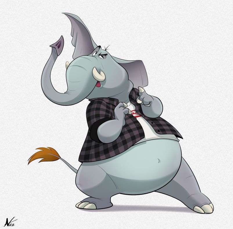 Digital artwork of am anthropomorphic elephant.  He's wearing a flannel shirt and listening closely as if through a wall.  Artwork made by the artist Alyssa Veysey. 