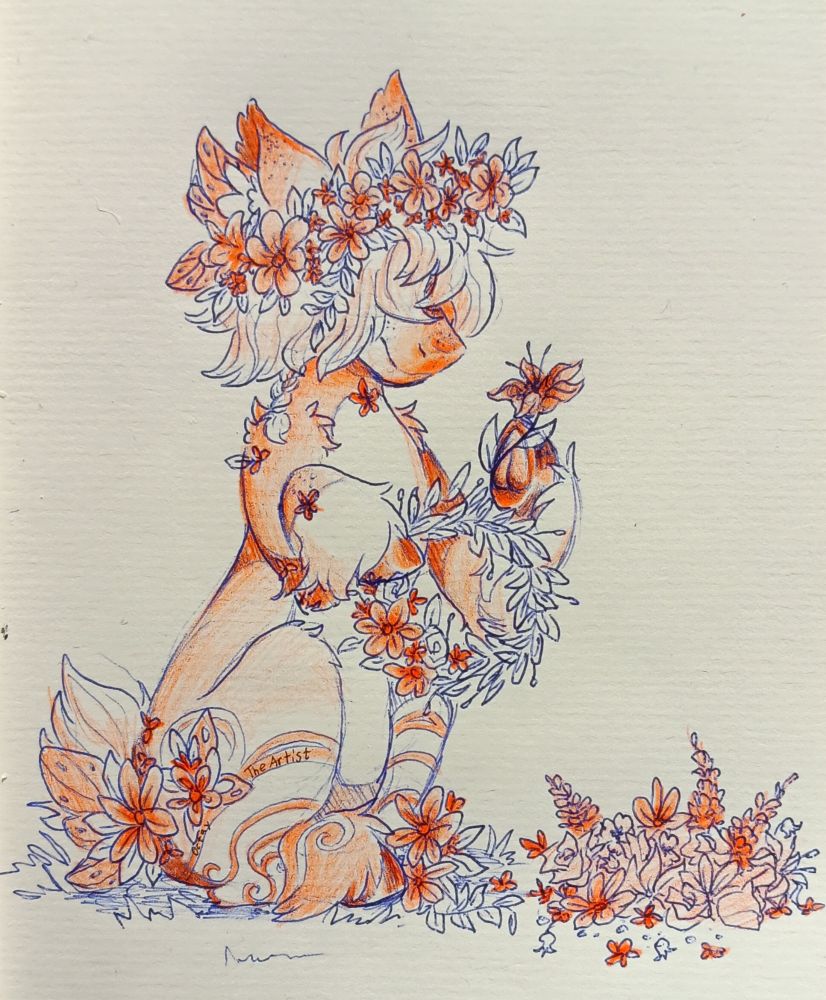 A fullbody ink drawing with orange color of a fairy pony sitting making a flower crown. They're wearing a flower crown and a pile of loose flowers is next to them. Their left hind leg ends halfway and the stump is covered in flowers