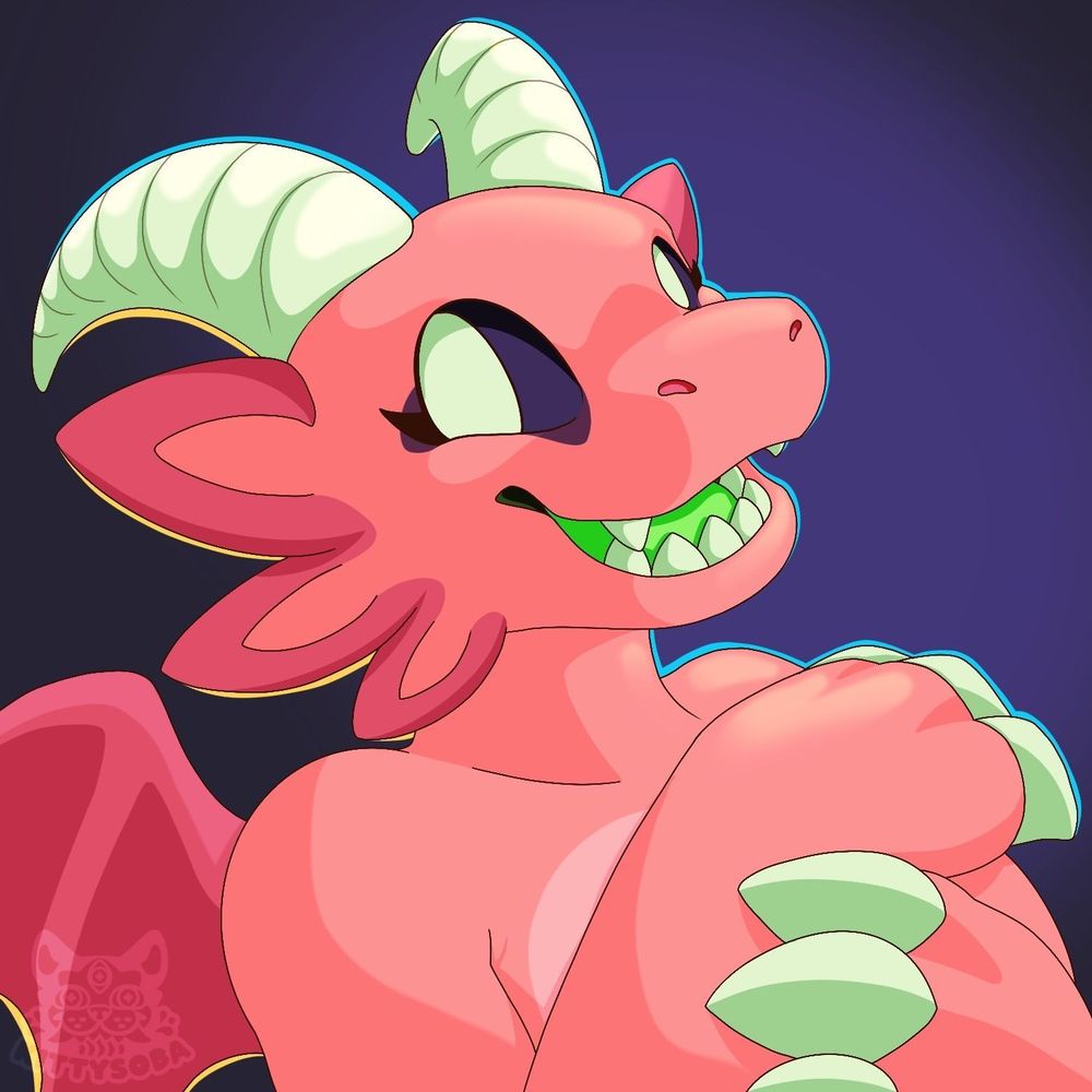 A pink cartoon dragon with green horns and claws is smiling with its hands clasped, set against a dark blue background.