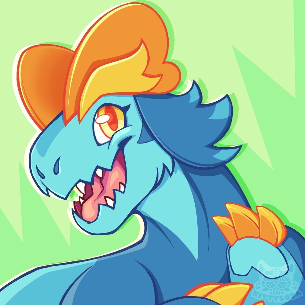 Cartoon dinosaur with blue skin, orange crest and claws, with a playful expression on a green background.