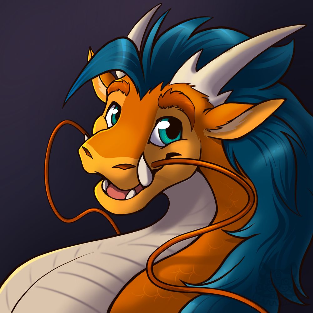 A cartoon-style eastern dragon with orange scales and blue mane, smiling warmly. It has large teal eyes, curved horns, and long whiskers, set against a dark background.