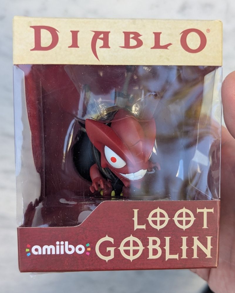 GameStop-exclusive Diablo III Loot Goblin amiibo in original packaging.