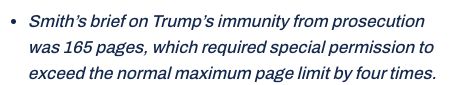 Smith’s brief on Trump’s immunity from prosecution was 165 pages, which required special permission to exceed the normal maximum page limit by four times.