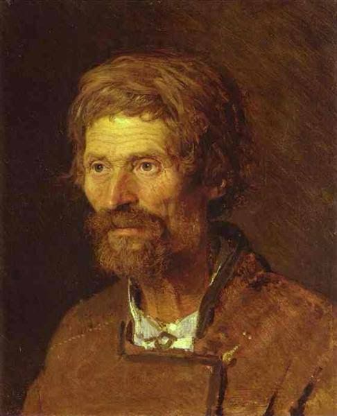 A painting in browns, ochres and yellow of a middle aged Ukrainian male peasant with a tired and lined face. 