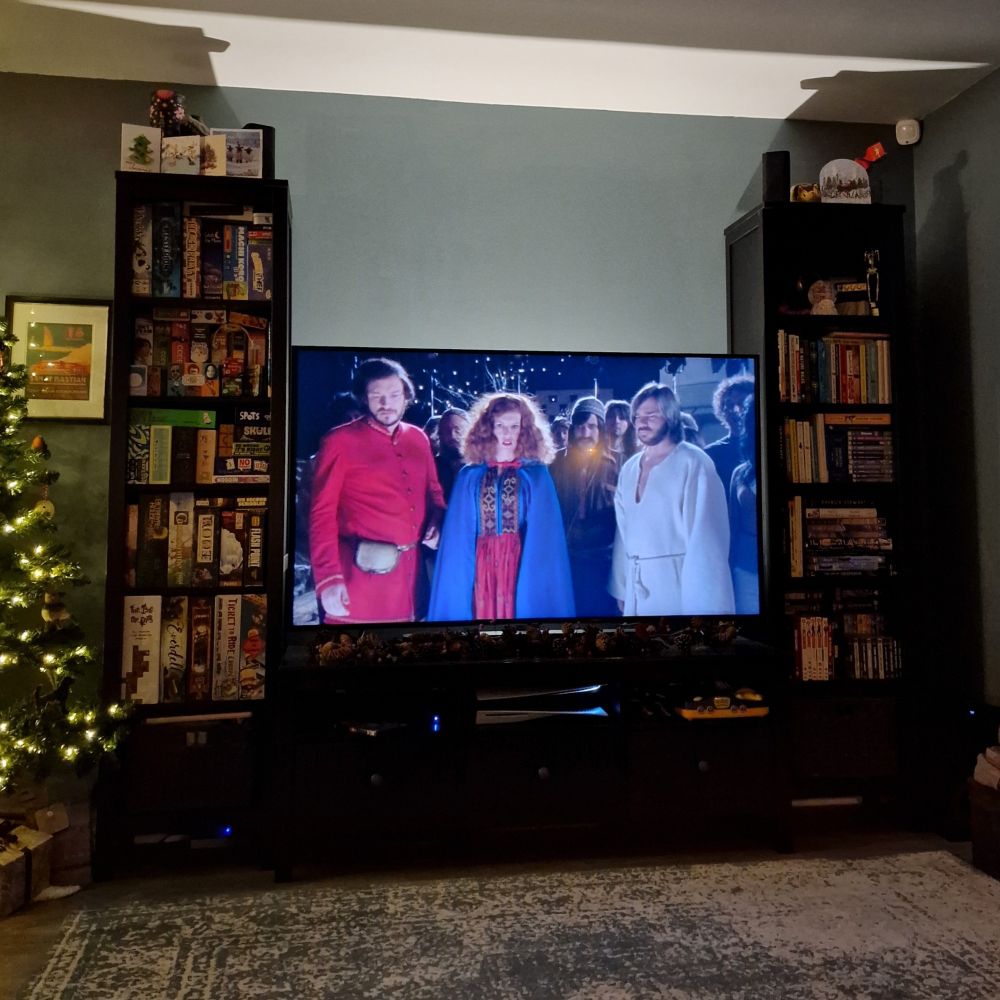TV screen showing a scene from AD/BC: A Rock Opera