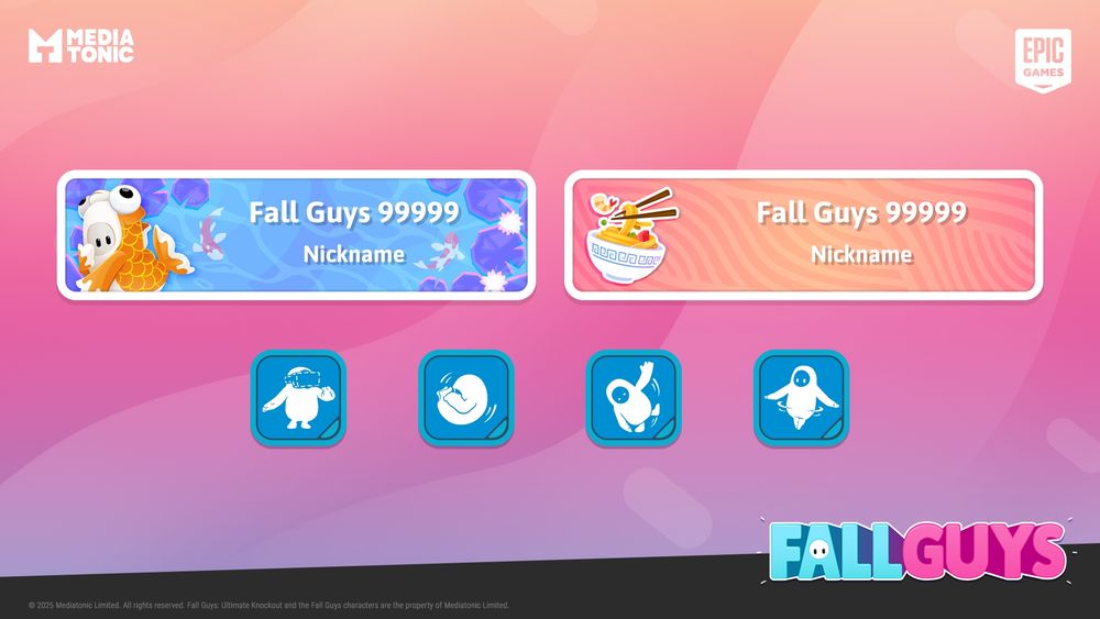 Two Fall Guys nameplates and four emote icons. The first nameplate shows a cute goldfish Fall Guy costume posing against an abstract purple koi pond. The second nameplate shows a bowl of noodles against a pink and orange wavy background. The emotes show a Fall Guy using a VR headset, doing a ninja roll, doing a Sumo Wrestler move, and spinning like a top