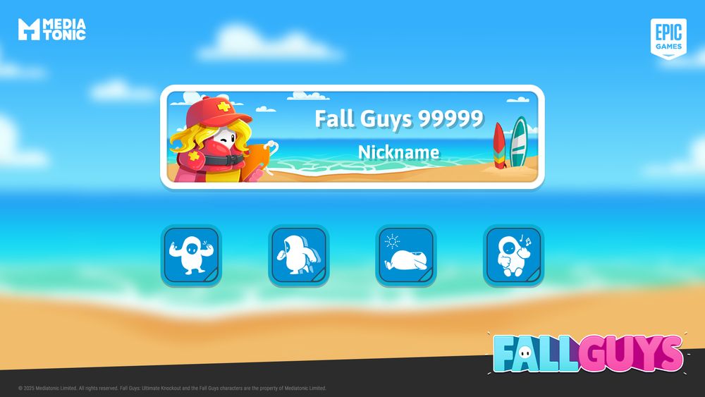 A Fall Guys nameplate and four emote icons. The nameplate shows a Fall Guy Life Guard costume with a red lifejacket and blonder hair, posing against a tropical beach background with surfboards in the distance. The emotes show a Fall Guy doing a crab dance, running in slow motion, sunbathing, and playing a ukelele.