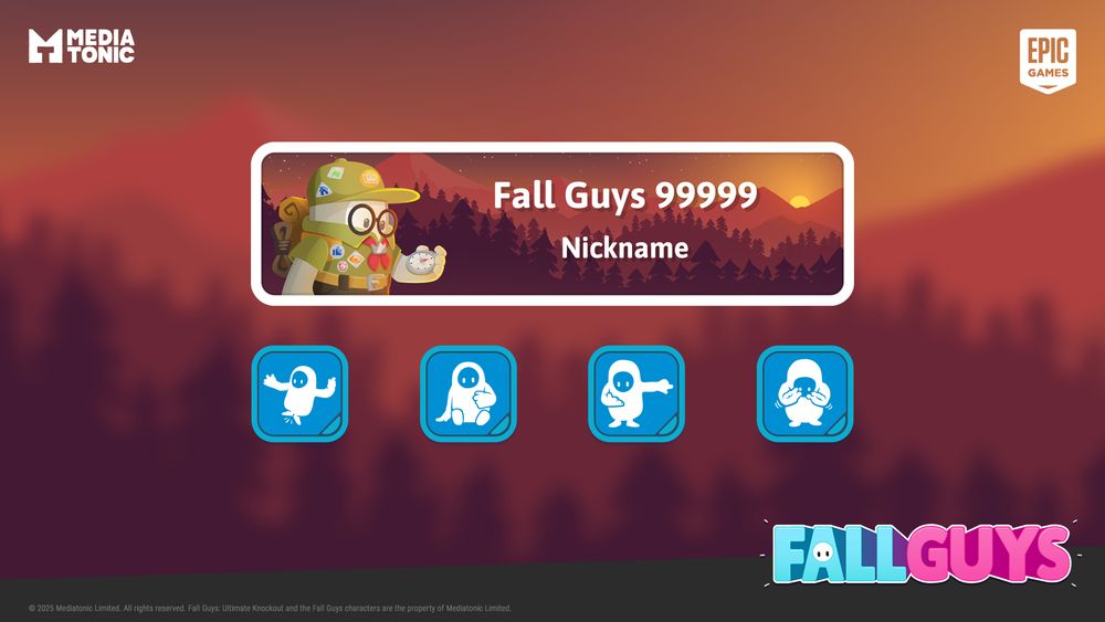A decorative nameplate and four emote icons for the video game Fall Guys, each with a woodland outdoor camping theme.