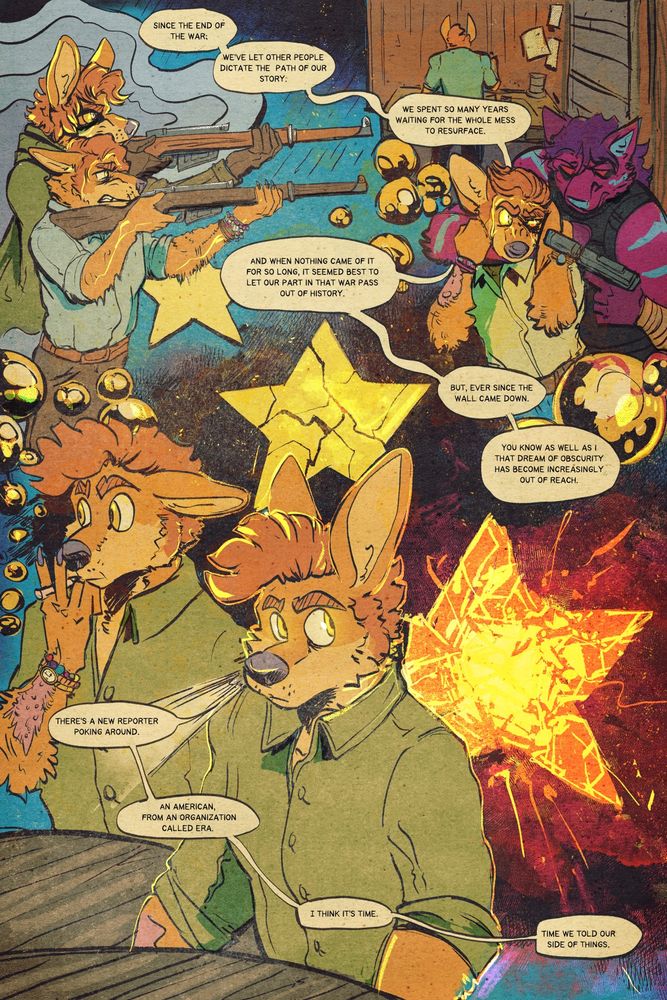 Comic page in an old golden inspired style. Furry, featuring predominantly greens blues and oranges 
