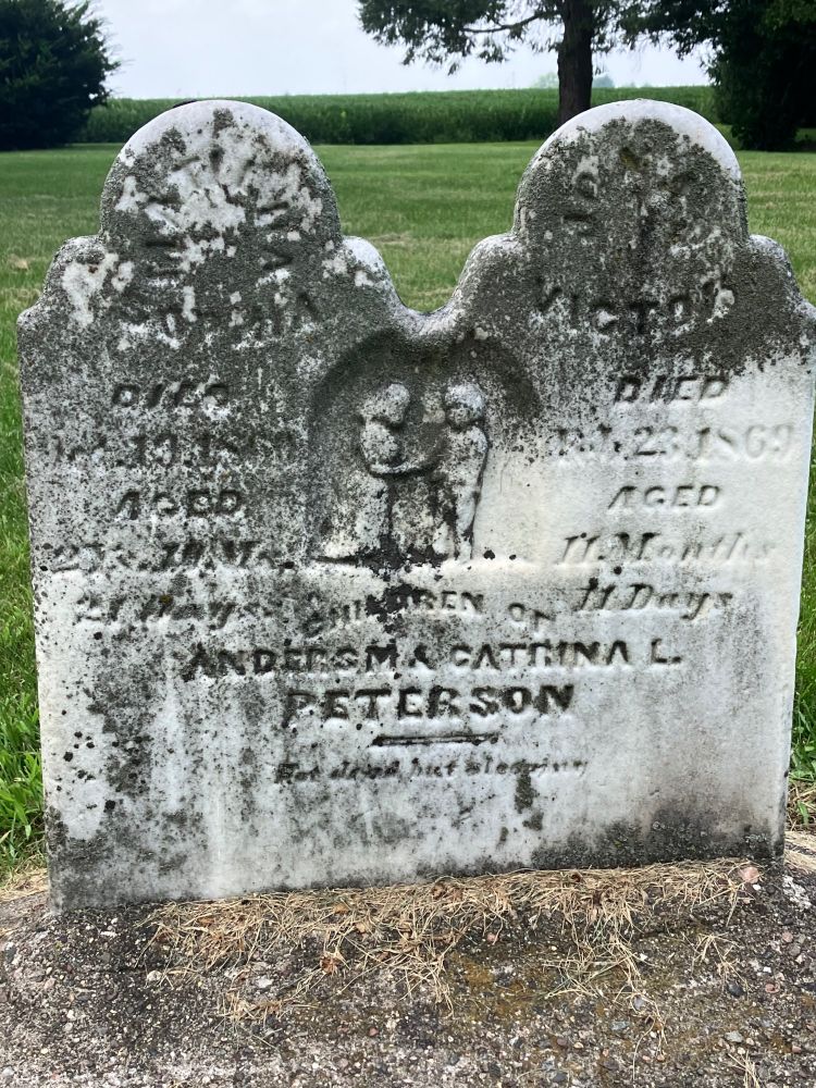 A nearly illegible gravestone showing the deaths of two Peterson children in the 1860s. 