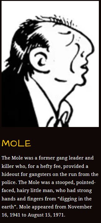 A drawing of the Dick Tracy villain "The Mole":

"The Mole was a former gang leader and killer who, for a hefty fee, provided a hideout for gangsters on the run from the police. The Mole was a stooped, pointed-faced, hairy little man, who had strong hands and fingers from “digging in the earth”. Mole appeared from November 16, 1941 to August 15, 1971."