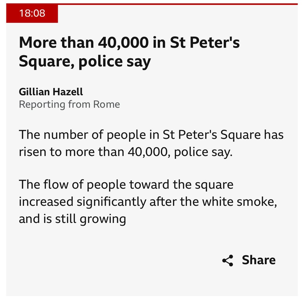 BBC article snippet saying that there are 40,000 people in St Peter’s Square to see the presentation of the new Pope 