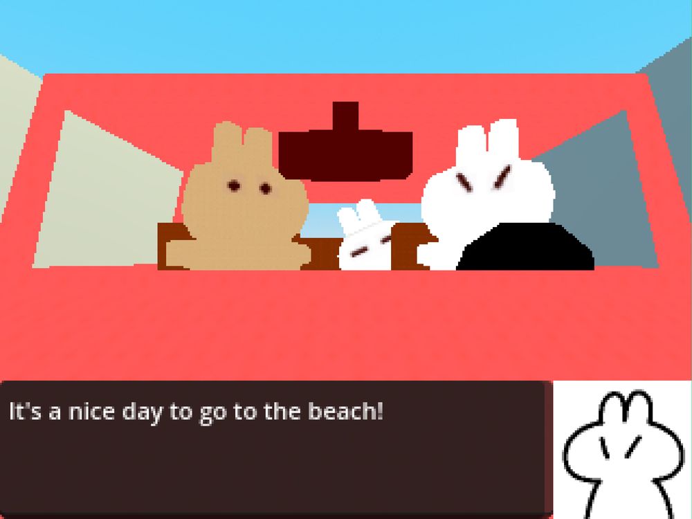 Three buns in a red car driving to the beach. The bun driving says “It’s a nice day to go to the beach!”