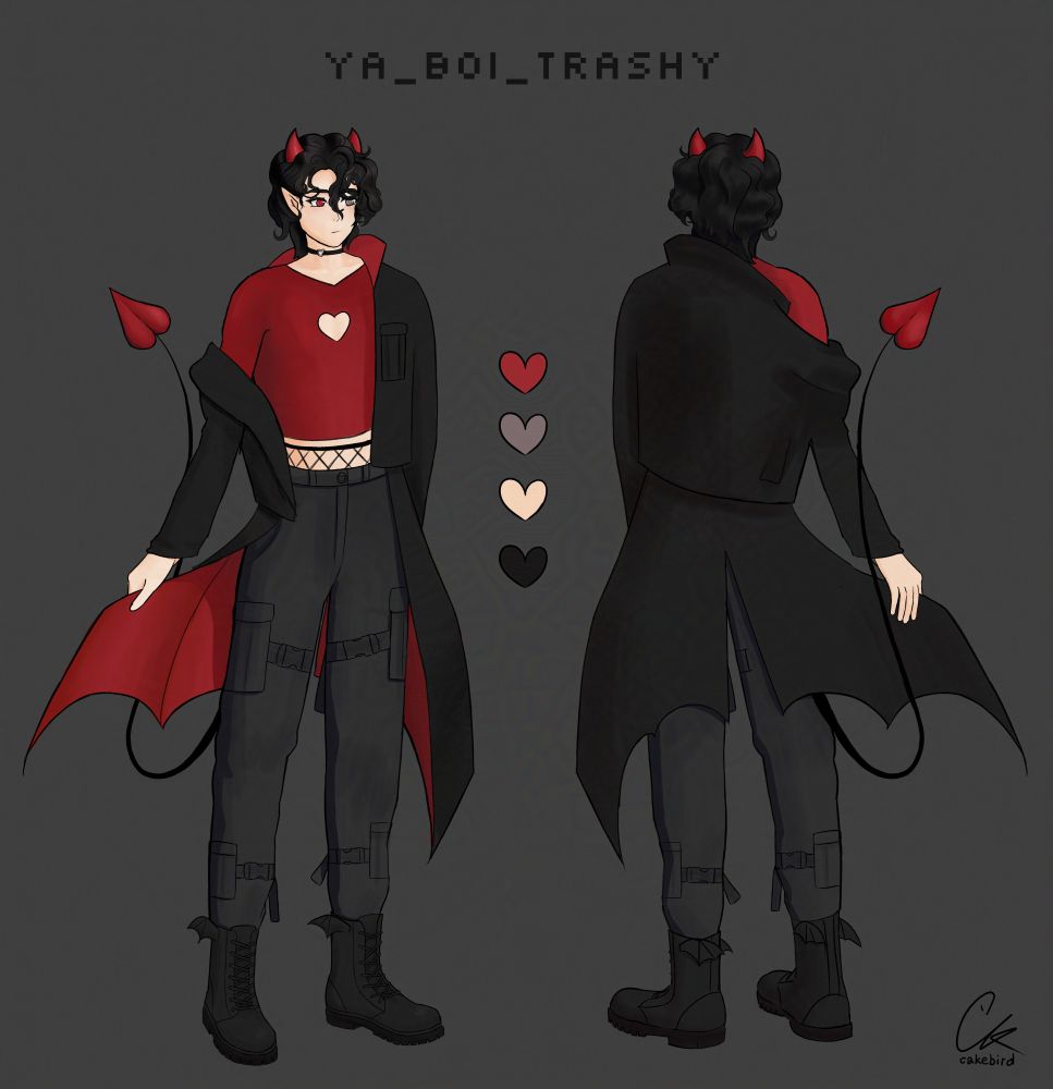 Drawn character sheet of a humanoid devil character.