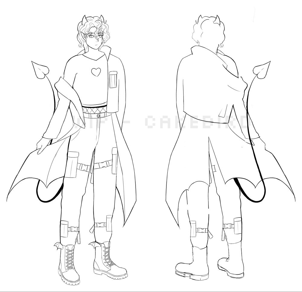 Line art of an androgynous devil in a trench coat. Character belongs to @yaboitrashy. I love it when I remember how to draw.